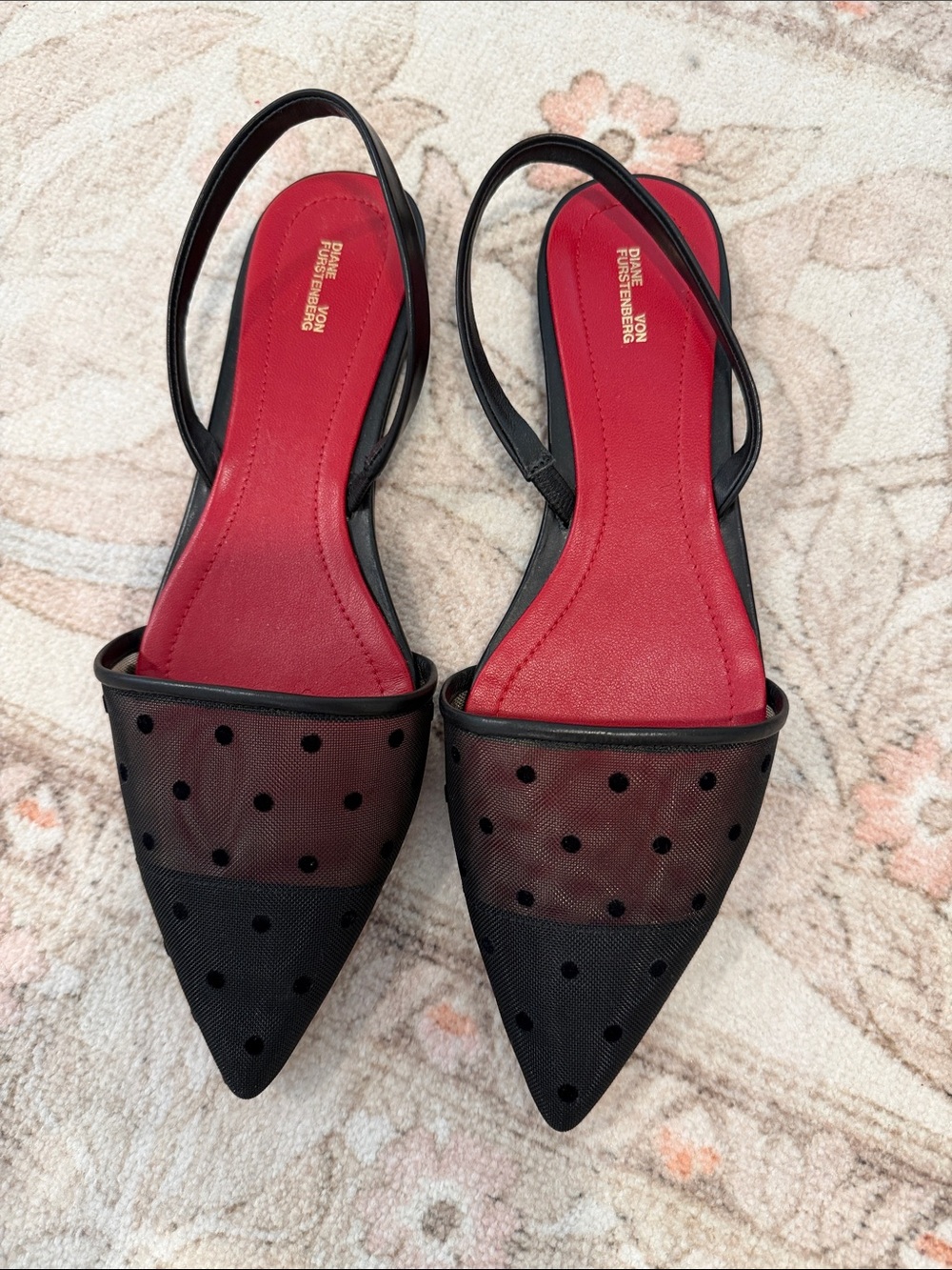 Diane Von Furstenberg Black Pointed Mesh Slingback Flats with Red Insole